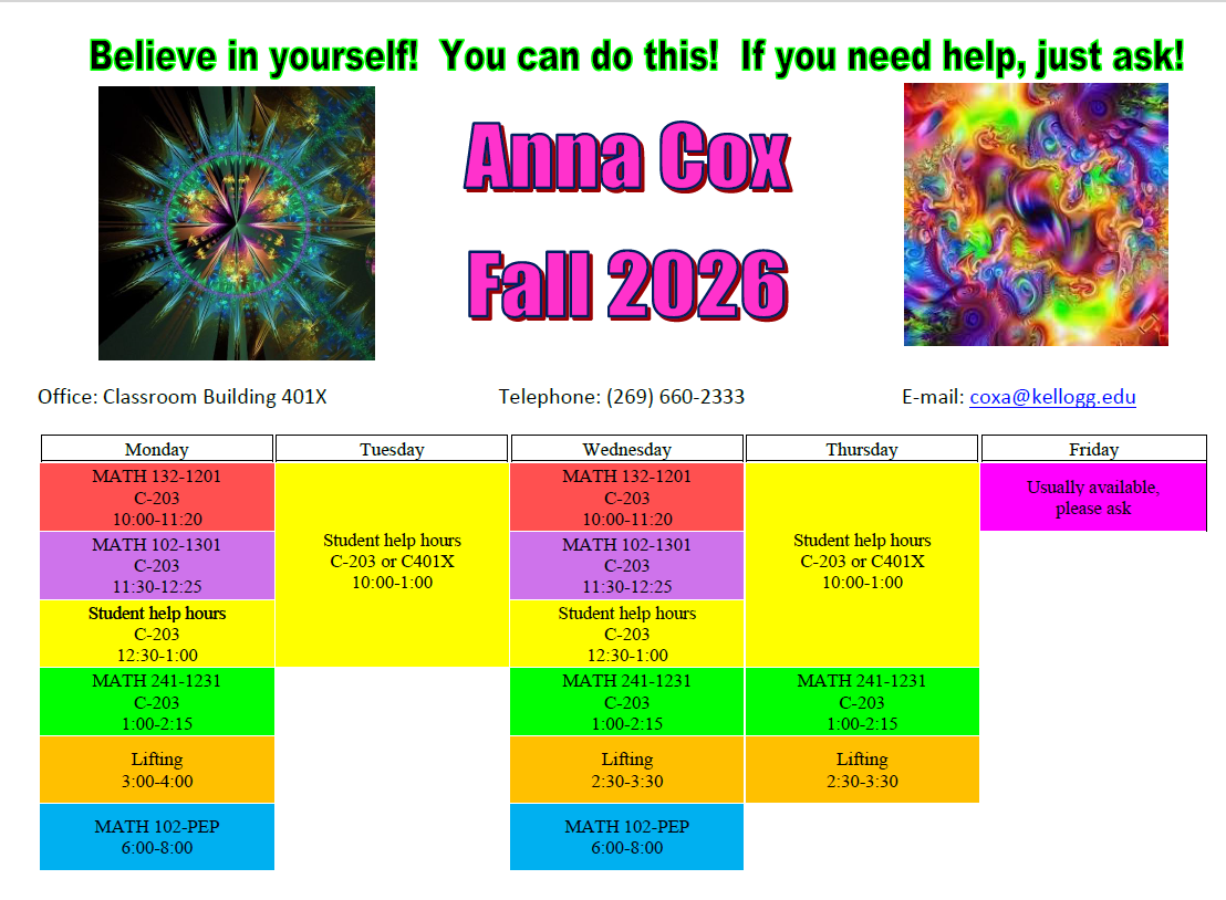 Anna Cox FA26 schedule